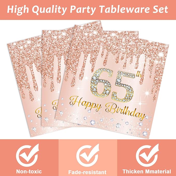 CHUNNIN 96Pcs 65th Birthday Decorations Pink Rose Gold Paper Plates Napkins Forks Set 65 Year Old Tableware Party Supplies Disposable Rose Gold Dinnerware Table Decor Favors for Women Serves 24