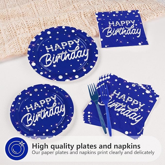 Grencian 96Pcs Blue and Silver Birthday Party Decorations Silver Polka Dots on Blue Paper Plates and Napkins Disposable Tableware for Women Men Birthday Party Graduation Decorations 2026 Serves 24