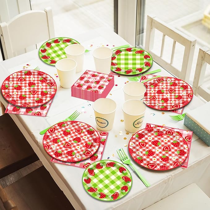96Pcs Strawberry Party Plates and Napkins Birthday Party Supplies Spring Summer Fruit Paper Dessert Plates Strawberry Themed Tableware Set Disposable for 24 Guests 1st Birthday Party Decorations