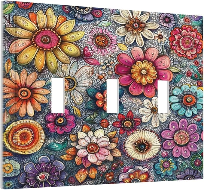 Decorative Switch Plates Colorful Rainbow Pointillisme Flower 3 Gang Wall Plate Triple Toggle Light Switch Cover Faceplate Electrical Wall Panels For Bed Room Home Decor