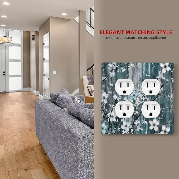 Rustic Blue Watercolor Flower Wooden Background Outlet Covers 2 Gang Double Duplex Decorative Light Switch Covers Electrical Wallplates Socket Faceplate for Bedroom Living Room Decor