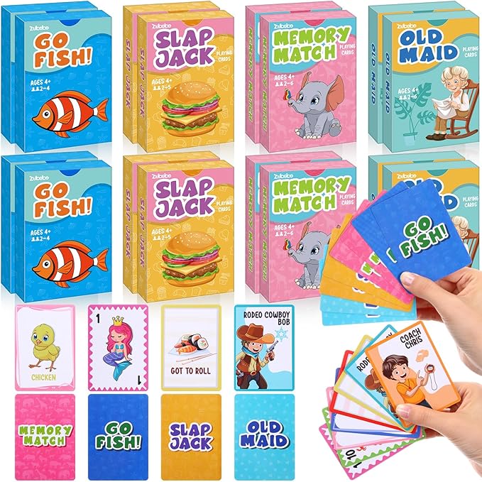 Zubebe 16 Decks Kids Card Games Bulk Operation Christmas Classic 4 In1 Includes Go Fish, Old Maid, Memory Match, Slap Jack Playing Card Game Set for Toddlers Family Game Night Basket Stuffers