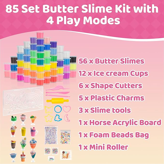 56 Pack Butter Slime Kit for Girls and Boys Ages 3-12, Non Sticky Kids Slime Kits 3-12, Small Slime Party Favors with Charms, Cutters, and 4 Creative Playing Modes