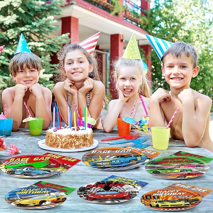 96Pcs Race Car Birthday Party Supplies Hot Car Themed Paper Plates Napkins Racing Themed Park Party Tableware Disposable Checkered Dinnerware Decoration Set for Kids Birthday Baby Shower Table Decor