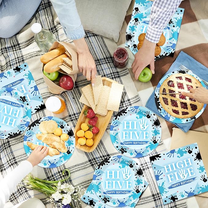 CHUNNIN 50Pcs Hi Five Birthday Plates and Napkins 5th Bday Party Decorations Blue High 5 Year Old Paper Dessert Cake Plates Tableware Set Serve 25 Guests for Kids Boys Girls Birthday Party Supplies