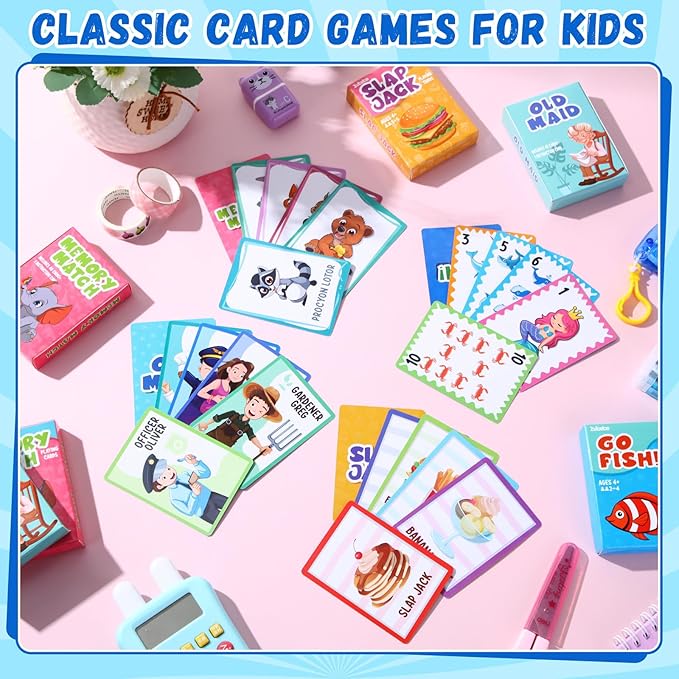 Zubebe 16 Decks Kids Card Games Bulk Operation Christmas Classic 4 In1 Includes Go Fish, Old Maid, Memory Match, Slap Jack Playing Card Game Set for Toddlers Family Game Night Basket Stuffers