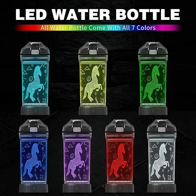 YuanDian Light Up Kids Water Bottle with 3D LED Light- 14 OZ Tritan BPA Free - 7 Color Light Cool Drinking Cups Gift for School Kids Girl Child (Unicorn)