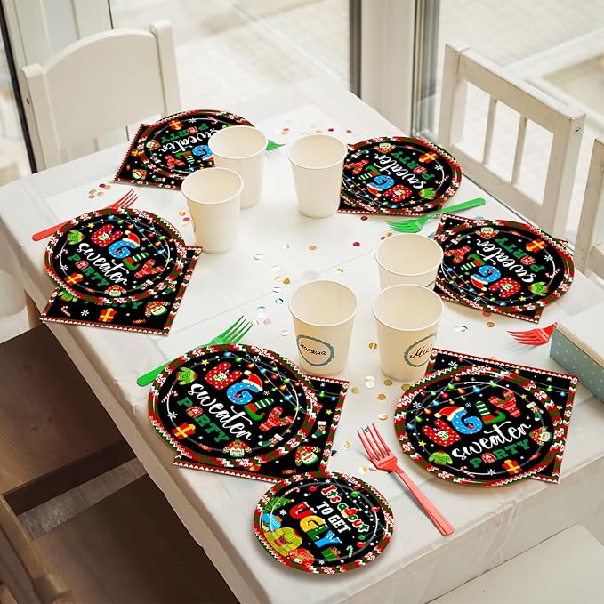 200Pcs Christmas Ugly Sweater Party Plates, Red and Green Ugly Xmas Sweater Party Decorations Supplies Winter Holidays Family Gathering Birthday Party Tableware Disposable Dinnerware Set , Serves 50