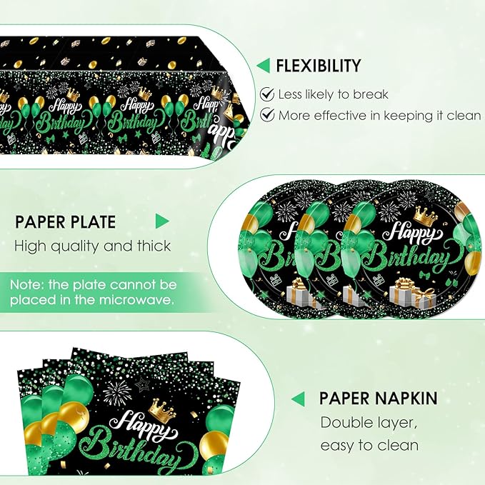 Green Birthday Decorations for Men Boys,Green and Black Party Tableware Set Include Birthday Plates Napkins and Tablecloth,for Mens Boy Bday Party Decorations Supplies,Serves 20
