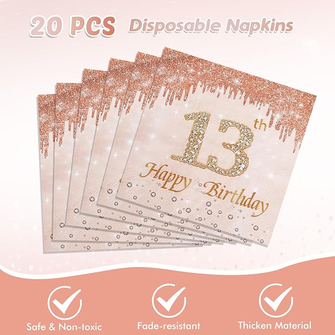 41Pcs 13th Birthday Party Decorations for Girls, Rose Gold Party Supplies Include 20 Plates 20 Napkins and 1 Pcs Tablecloth, Sweet Thirteen Year Old Birthday Party Tableware for Girls Kids Children