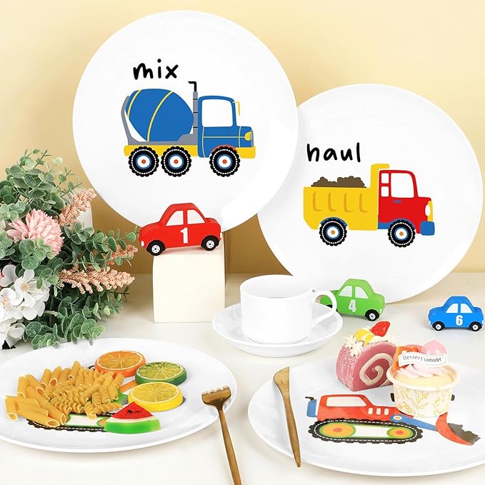4 Set 10 Inch Construction Truck Plates Melamine Construction Truck Dinnerware Set Reusable Baby Shower Vehicle Melamine Plate Dishwasher Safe for Toddlers Creatively Drop Resistant Cute Plastic Dish