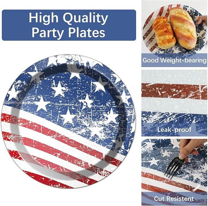 Qyeahkj 100 Pcs 4th of July Party Plates and Napkins Tableware Set American Flag Birthday Party Dinnerware Supplies Patriotic Favors Independence Memorial Day Decorations for Serve 25