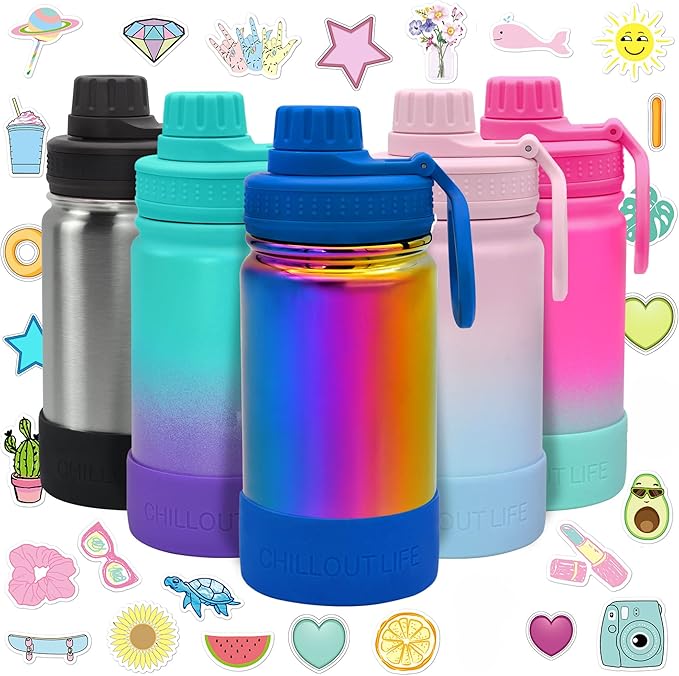 CHILLOUT LIFE 12 oz Kids Insulated Water Bottle for School with Leakproof Spout Lid and Cute Waterproof Stickers, Personalized Stainless Steel Thermos Flask Metal Water Bottle, Dishwasher Safe Color