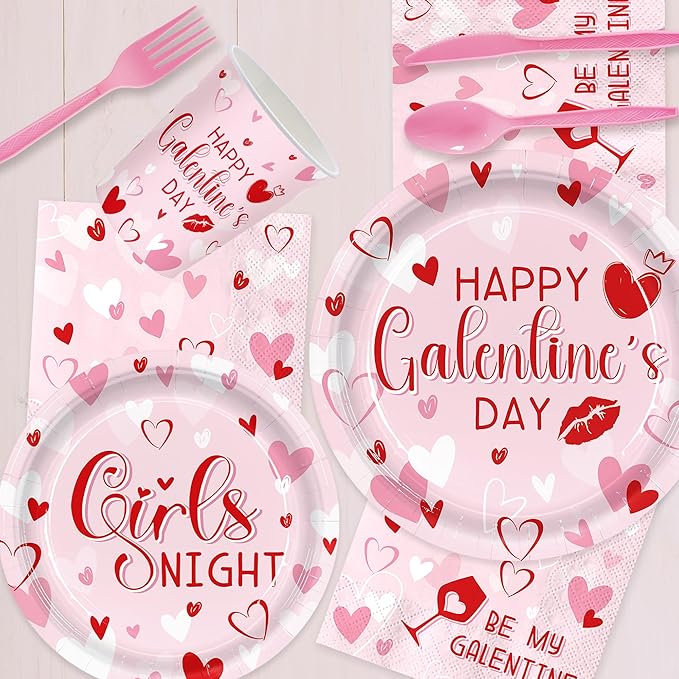 168pcs Galentines Day Paper Plates Napkins Pink Party Supplies Cups Disposable Tableware For Women Girls Galentines Day Decorations Serve 24 Guests