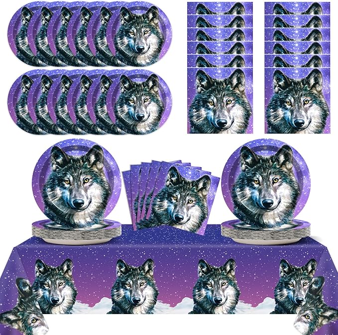 Qyeahkj Wolf Party Supplies Serves 24 Wolf Theme Party Paper Plates Napkins Wolf Tablecloth Set Tableware Kit for Kids Birthday Party Baby Shower