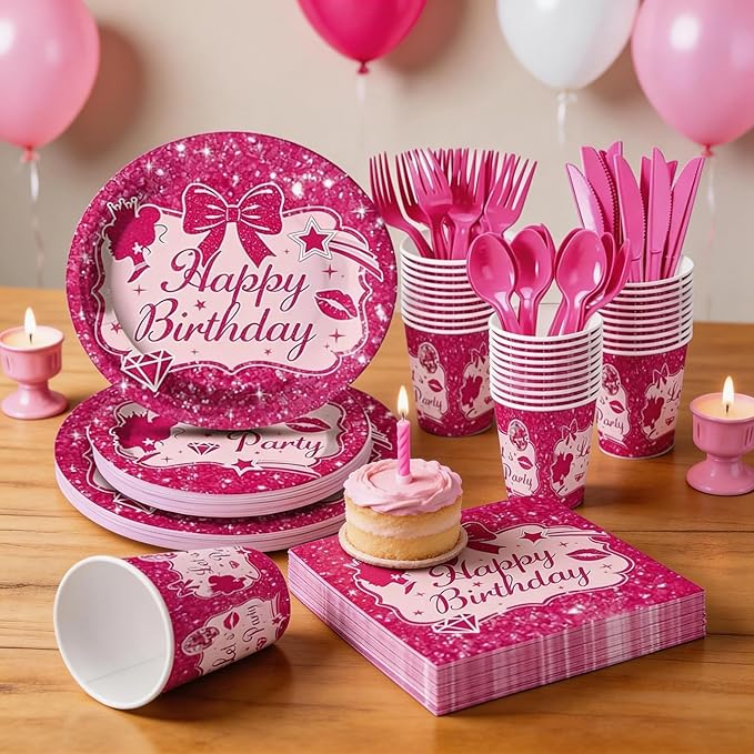 Hot Pink Dolls Themed Party Supplies for Girls Pink Birthday Party, Princess Party Decorations Disposable Tableware Set With Plates, Cups, Napkins & Cutlery For 24 Guests