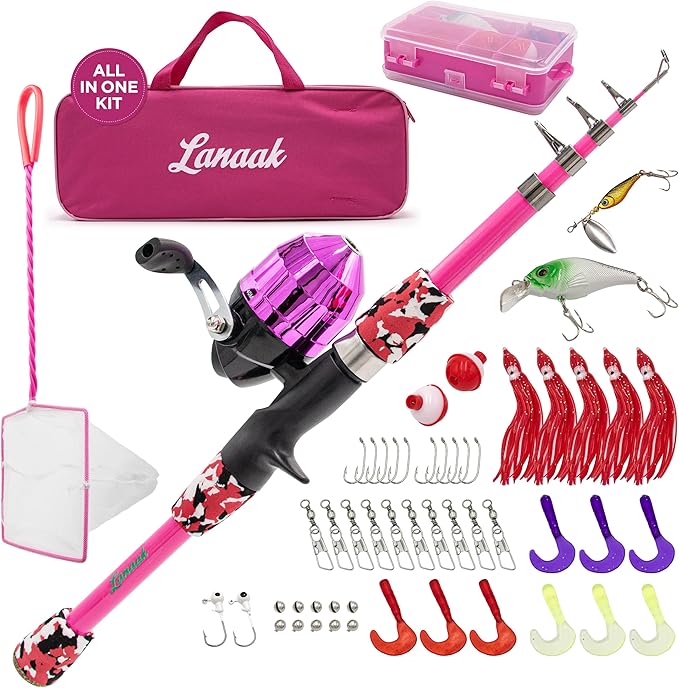 Lanaak Kids Fishing Pole, Kids Portable Telescopic Fishing Rod Set, Tackle Box and Fishing Net Combo Kit, Kids Fishing Gear for Boys and Girls Age 5-10 and Youth