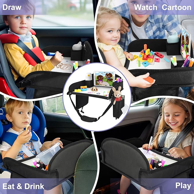 Kids Travel Tray, 2Pcs Kids Travel Trays for Car Seat, Road Trip Essentials for Toddler, Carseat Lap Tray with Dry Erase Board & Storage Organizer for Road Trip Activities for Kid, Black
