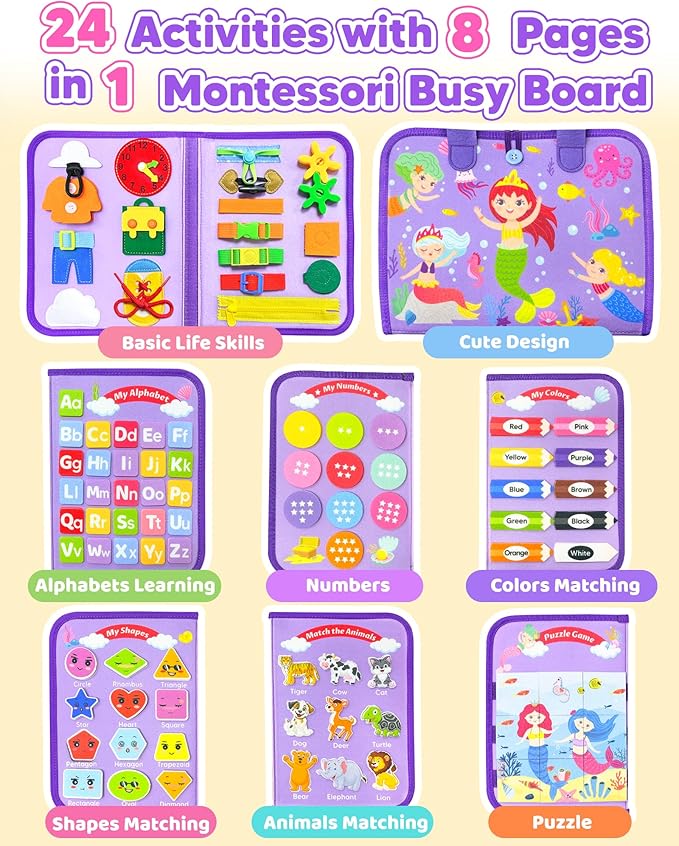 Walenty Busy Board Montessori Toys for Toddler Boy Girl Birthday Gifts, Busy Book Sensory Learning Toys for Toddlers, Educational Activities Airplane Car Travel Toy for Toddlers