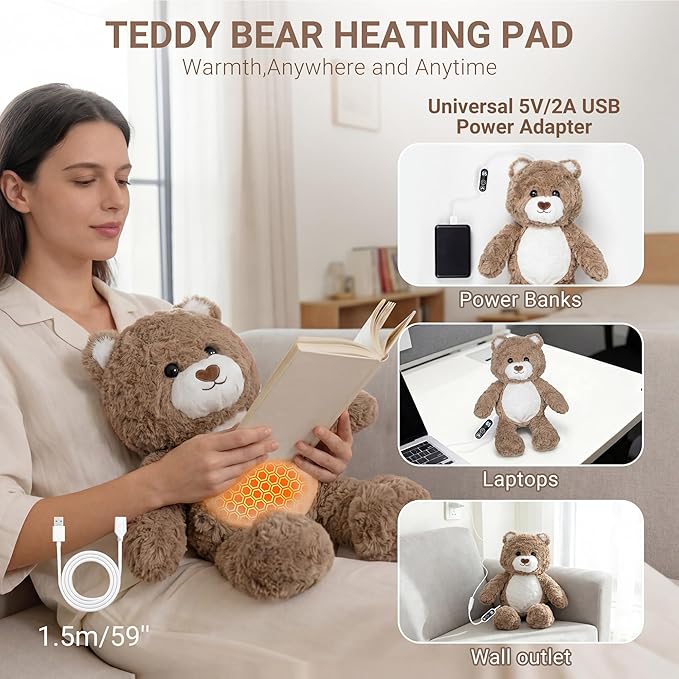Teddy Bear Heating Pad for Period Cramps, Heated Stuffed Animal Plush Toy, USB Electric Heating Pad with Auto Shut Off,Warm Plushie for Belly Back Shoulder Pain Relief, Gift for Mom Women