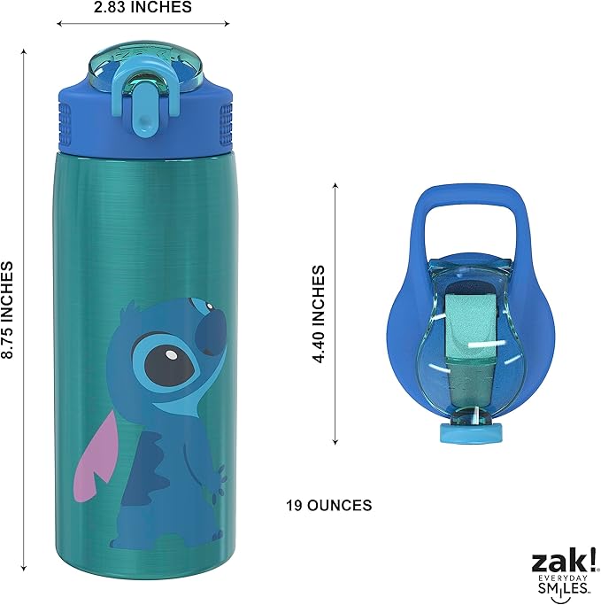 Zak Designs Disney Lilo and Stitch Water Bottle for Travel and At Home, 19 oz Vacuum Insulated Stainless Steel with Locking Spout Cover, Built-In Carrying Loop, Leak-Proof Design (Stitch)