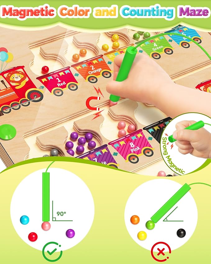 Magnetic Color and Number Maze, Montessori Toys for 2 3 4 Year Old, Wooden Color Matching Puzzle Board, Preschool Learning Activities Travel Toys for Ages 2-4 for Girls Boys Birthday Gifts - Train