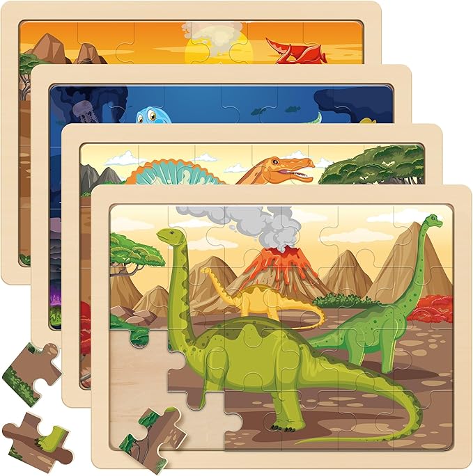 SYNARRY Large Dinosaur Wooden Puzzles for Kids 4 in 1 Gift Box(12.2 * 9.4 in), Jigsaw Puzzles for Kids Ages 4-6, Wood Puzzles for Kids Ages 3-5, Dinosaur Toys Easter Basket Stuffers Gifts for Kids