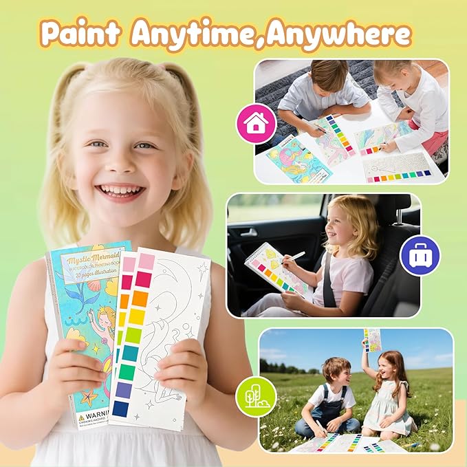 JCREN Watercolor Painting Books, Pocket Watercolor Painting Coloring Kit, Paint with Water Bookmarks Travel Activity Party Favors for Kids Toddlers Gifts for Boys and Girls