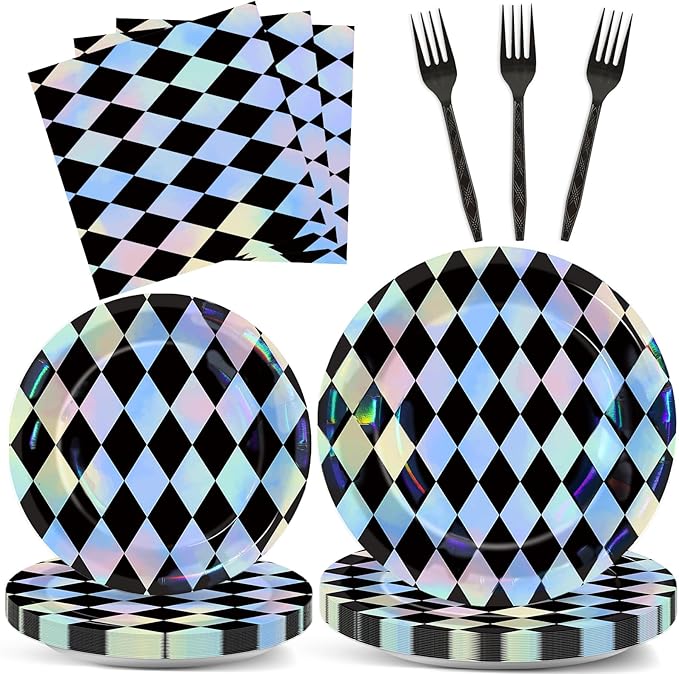 96Pcs Black and Iridescent Checkered Diamond Plates and Napkins for Iridescent Party Supplies Black Gingham Themed Paper Dessert Plates Race Car Tableware Set for 24 Guests Birthday Party Decorations