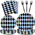 96Pcs Black and Iridescent Checkered Diamond Plates and Napkins for Iridescent Party Supplies Black Gingham Themed Paper Dessert Plates Race Car Tableware Set for 24 Guests Birthday Party Decorations