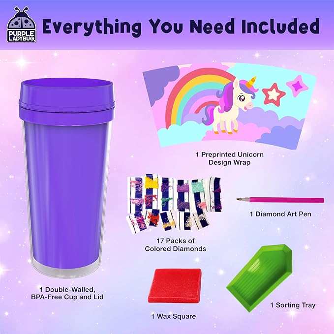 Unicorn Diamond Art Kits Girls Cup - Diamond Arts Kits for Kids - DIY 5D Gem Art Tumbler - 16 oz Unicorn Water Bottle - Arts and Crafts for Kids Ages 6-8, Birthday Gifts for 7 8 10 11 12 Year Old