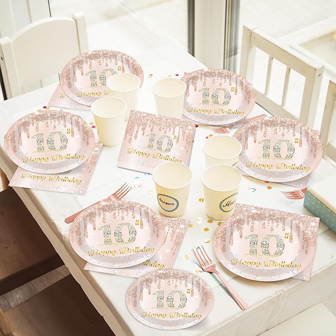 96 Pcs 10th Birthday Decoration for Girls Rose Gold 10th Birthday Plates and Napkins Party Supplies Rose Gold Pink Happy 10 Years Party Disposable Tableware Set for 24 Guests Party Decoration