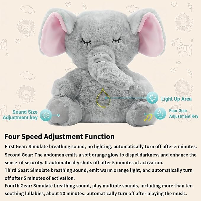 rytopt Breathing Stuffed Animal, Upgraded Version, No Breathing Movement in Its Abdomen, Elephant Stuffed Animal, 4 Gear Adjustment, Volume Control & Music