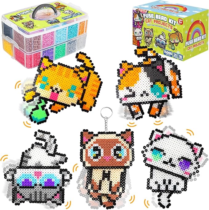 FUNZBO 15000 5mm Fuse Beads Kit - 18 Colors Fuse Beads Set with 5 Cat Patterns, Birthday Gifts for Kids, Home School Arts and Crafts Project, Art Decorations, Toys Gift Set for Girls and Boys Age 5+
