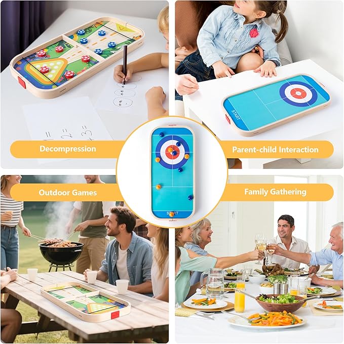 3-in-1 Wooden Tabletop Board Game - Portable Curling, Slingshot & Bowling Set for Kids & Family - Educational Montessori Toy, Screen-Free Indoor Fun, for Boys Girls Ages 3+