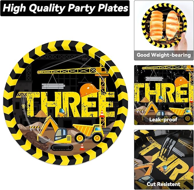 100 Pcs Construction Plates and Napkins Set 3rd Birthday Party Decorations Dump Truck Themed Party Favors for 25 People