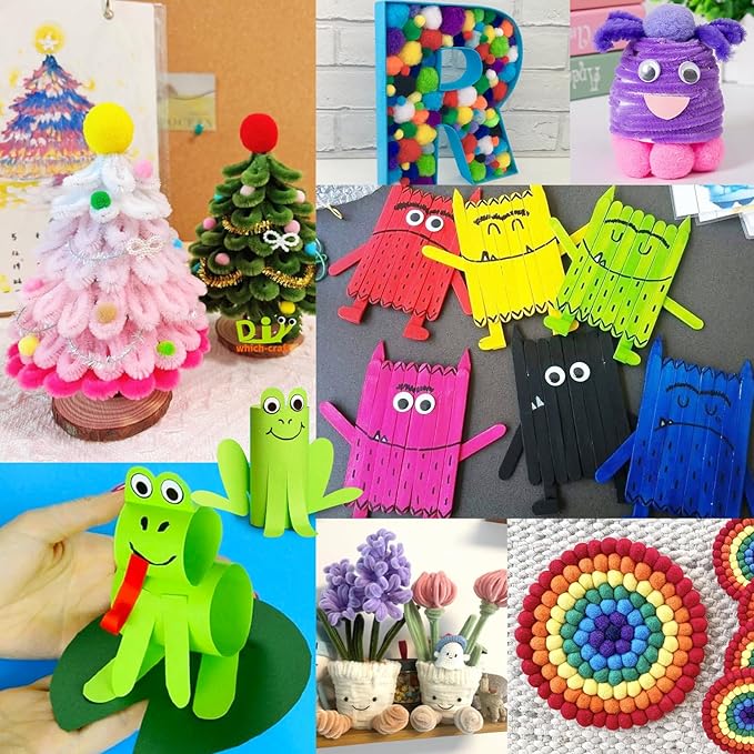 FUNZBO Arts and Crafts Supplies for Kids - Toddler Craft Kits with Glue Stick Pipe Cleaners, Popsicle Stickers, Construction Paper, Pom Poms & Googly Eyes, Birthday Gifts for Girls & Boys Age 4+