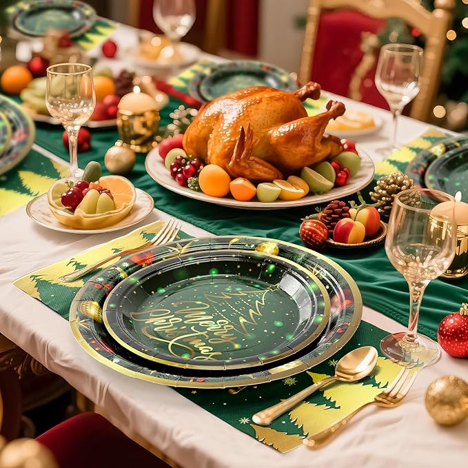 72PCS Christmas Plates and Napkins for Party Decorations, Set of 24 Merry Christmas Disposable Tableware Supplies, Green Gold Christma Tree Paper Plates for Xmas Party