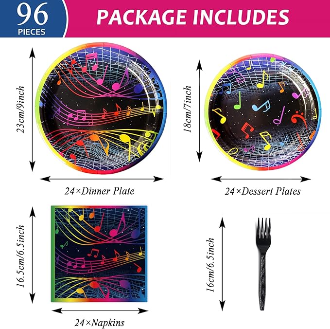 gisgfim 96 Pcs Music Party Plates and Napkins Party Supplies Musical Notes Party Tableware Set Music Note Karaoke Decorations Favors for Birthday Baby Shower for 24 Guests