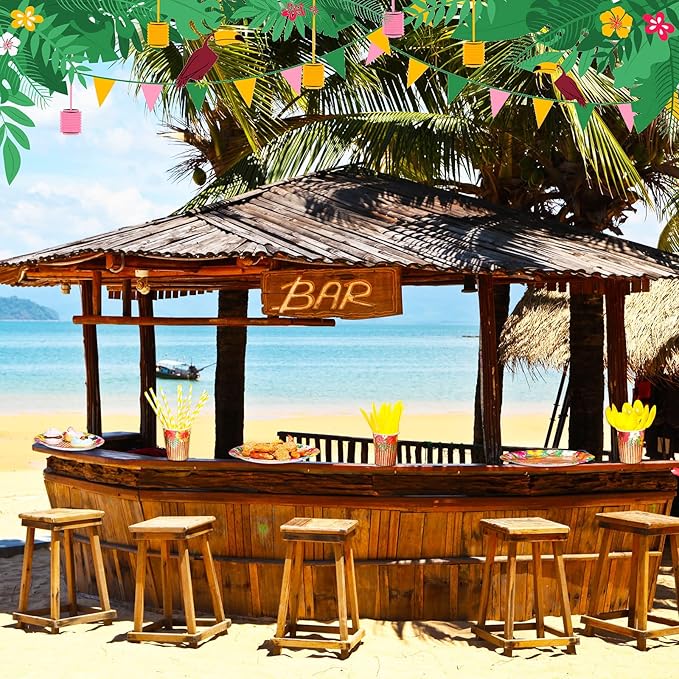 Frienda 130 Pcs Tiki Party Supplies Sets Hawaiian Party Decor Luau Plates and Napkins Party Supplies Tiki Tablecloth Aloha Tropical Plastic Cup Straw Knife Fork for Hawaii Summer Party, Serves 16
