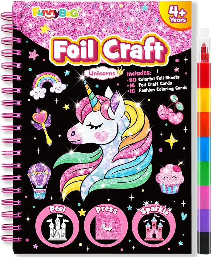 FUNNYB&G Foil Art Crafts for Kids Ages 4-8: Mother's Day 2026, Birthday Gift for Girls, Art and Crafts Supplies, Party Favors, Creative Toys for Girls 4 5 6 7 8 9 Years Old(Unicorns)