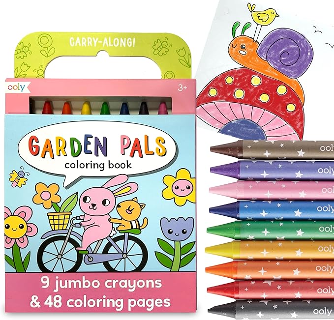 Ooly Travel Art Kit with 9 Jumbo Crayons, 48 Themed Coloring Pages & Case for Easy Traveling Art Creation, Perfect Airplane & Road Trip Activities for Kids - Garden Pals