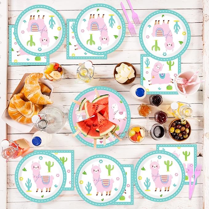 ZOIIWA 96 Pcs Llama Birthday Party Supplies for 24 Guests Alpaca Llama Birthday Plates Napkins Tableware Party Decorations Mexican Cactus Dinnerware Favor for Kids Girls Baby Showers