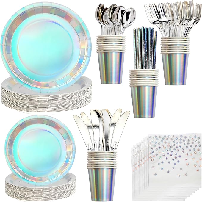 200 pieces of silver party supplies, disposable tableware set, silver paper plates, cups, napkins, plastic knives, forks and spoons, for 25 people