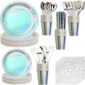 200 pieces of silver party supplies, disposable tableware set, silver paper plates, cups, napkins, plastic knives, forks and spoons, for 25 people