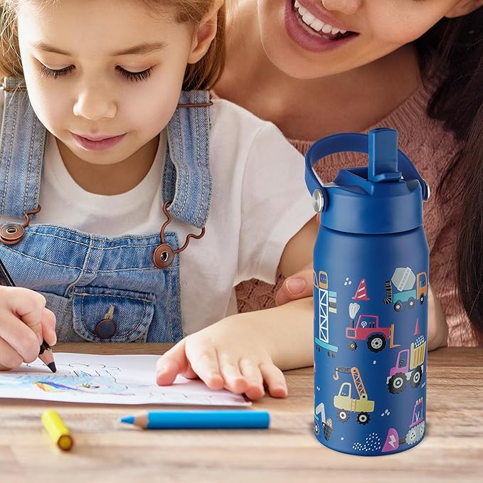 OLDLEY kids Water Bottle - 18oz Insulated Stainless Steel - Wide Straw Lid, Non Spill, Leakproof, Kids Water Bottle for School,Blue Engineering car
