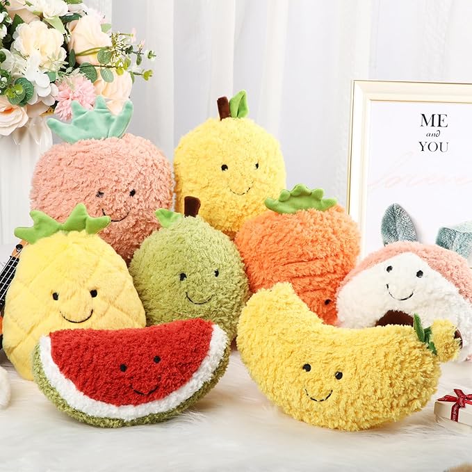 Simgoing 8 Pcs Cute Fruit Plush Pillow Stuffed Fruit Toy 8 Inch Avocado Banana Watermelon Peach Strawberry Mango Carrot Pineapple Plush Toy Kawaii Hugging Plushies for Boys Girls Party Favors