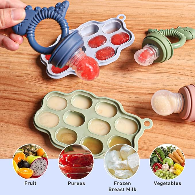 Baby Breastmilk Popsicle Molds & Fruit Feeder Pacifier, Silicone Baby Food Freezer Tray Storage Containers for Infant Teething Self Feeding