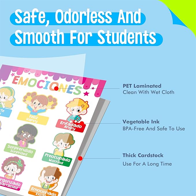 15 Packs Spanish & English Educational Posters, Thick Elementary Bilingual Poster Waterproof & Tearproof with PET Film, Early Language Learning Tool Educational Posters for Kindergarten Preschool