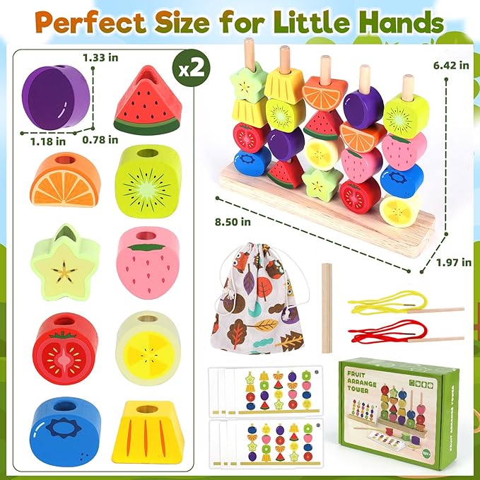 Montessori Wooden Beads Stacking Toys: 2 3 4 Year Old Boys Girls Birthday Gifts - Toddler Sequence Game & Sorting Blocks & Lacing & Matching Shape - Preschool Learning Activities for 2-5 Years Kids
